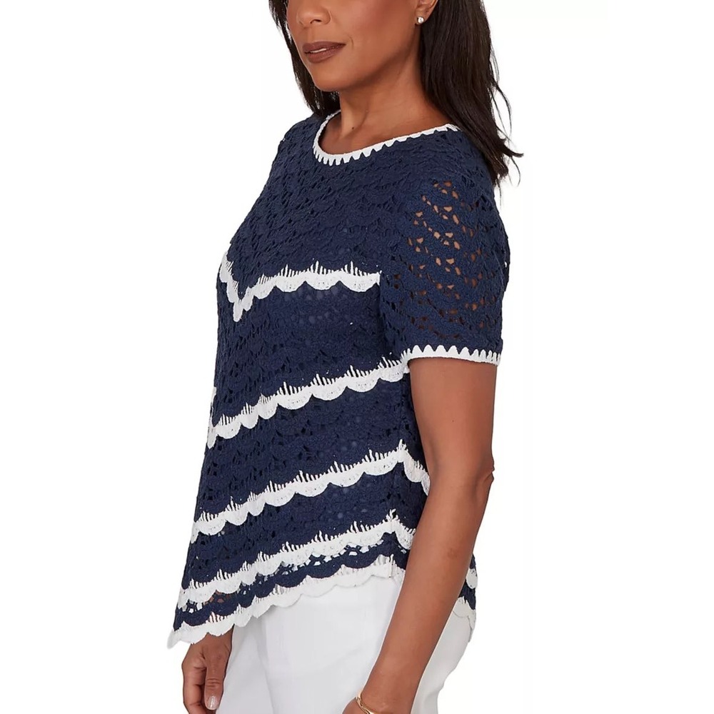 Alfred Dunner XL Crochet Top Navy White Chevron Scalloped Nautical Tunic 781 - Picture 2 of 11